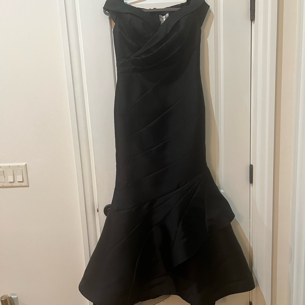 Rachel Allan Couture gown. Off-shoulder pleated bodice with mermaid hem.